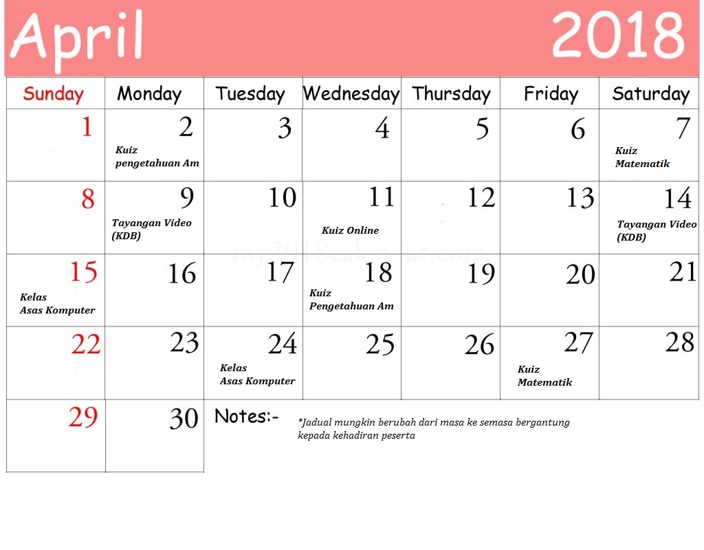 Jadual Aktiviti Bulan April